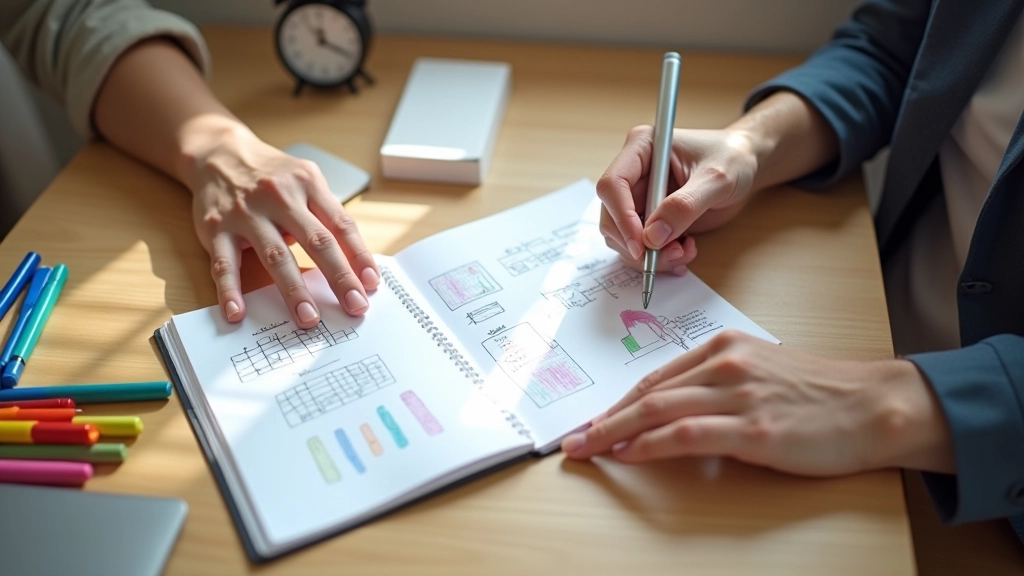 Hands holding notebook with handwritten plans and sketches, planning session at table, colorful markers nearby