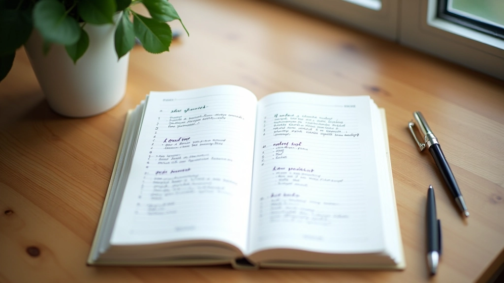 Notebook with written goals and action plan, pen pointing to next steps, organized planning system, structured approach to achievement