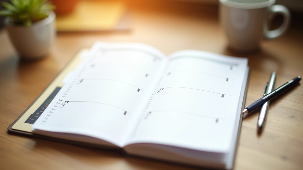Weekly planner spread with checkmarks, progress tracker, pen, coffee mug on desk, morning light