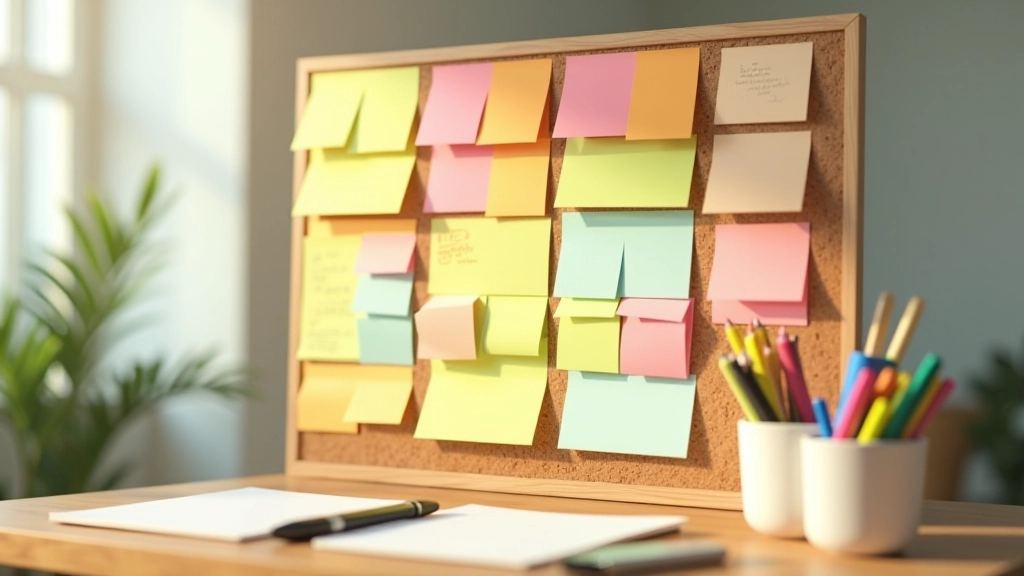 Colorful sticky notes and task cards on cork board, weekly planner, pen and marker nearby, organized workspace