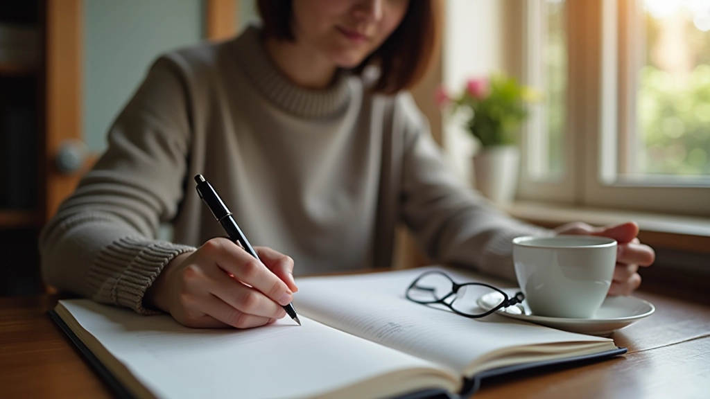 Person writing in open notebook with fountain pen, wooden desk with coffee and glasses, morning natural light