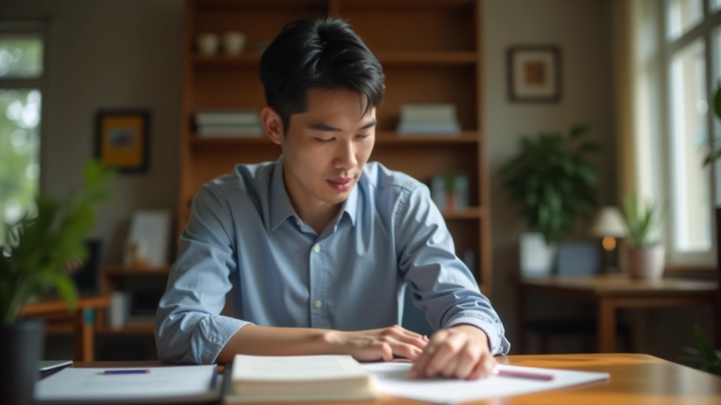 Person reviewing progress notes and personal development journal, tracking improvement over time, notebook and pen on wooden desk