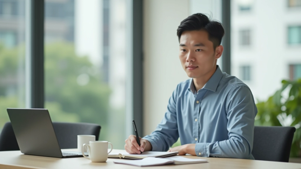Person sitting at desk with focused expression, morning light from window, planning notebook and coffee nearby, motivational workspace setup
