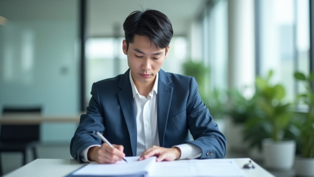 Person at desk looking at notes and planning documents, thoughtful expression, natural light, focused work environment