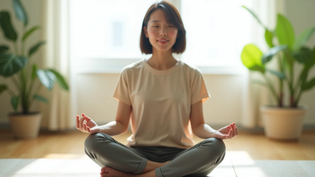 Person meditating in peaceful home environment, sitting cross-legged on mat, soft natural light, serene expression