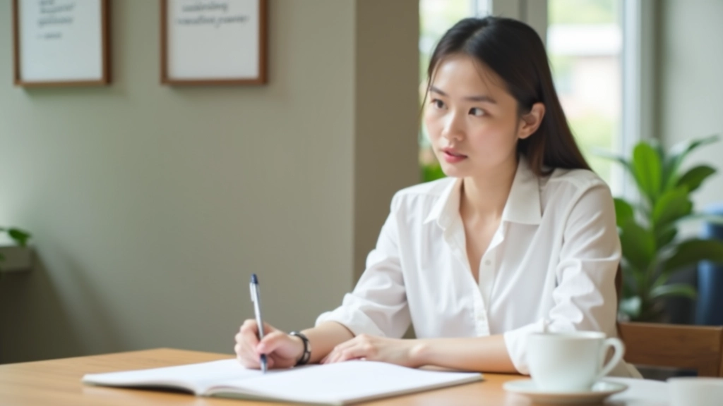 Woman sitting at wooden desk with notebook, pen, and coffee cup, focused expression, natural morning light from window