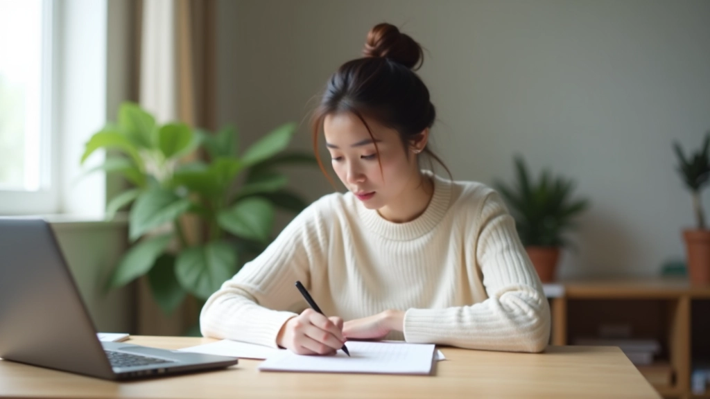 Woman writing in journal at wooden desk, thoughtful expression, natural window light, minimalist workspace